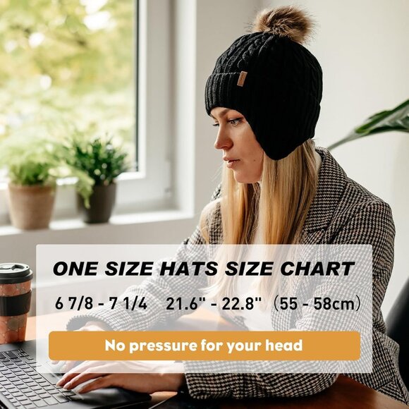 Wool Fleece Lined Beanie with Detachable Pompom Warm Winter Hat for Women - Picture 2 of 6